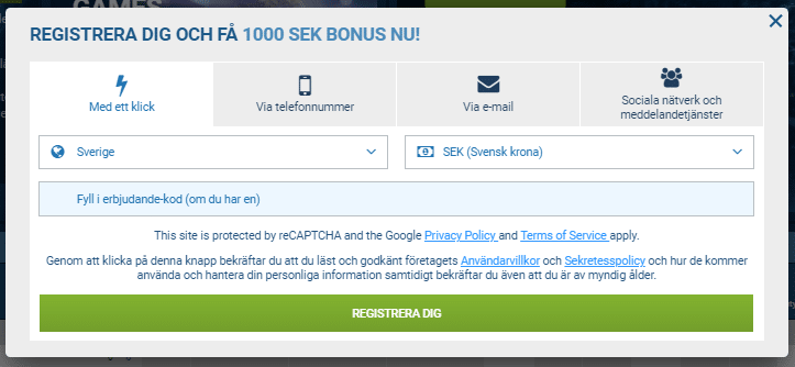 1xbet se register